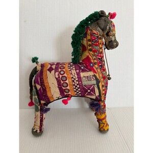 Vintage Mid Century Indian Handmade Rajasthani Fabric Patchwork Horse Folk Art
